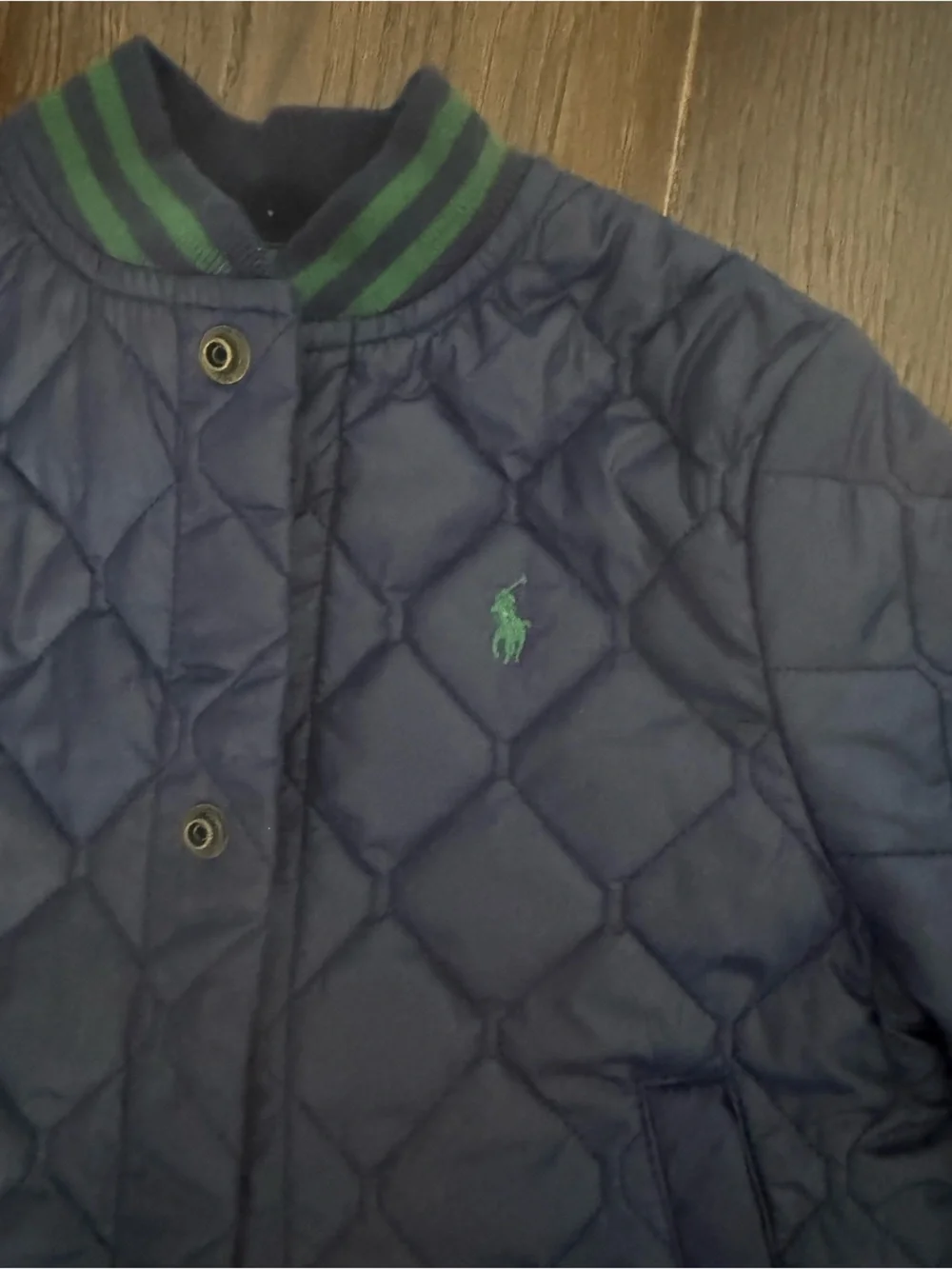 Ralph Lauren Navy Quilted Puffer Jacket with Green Trim
